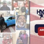 Photos of veterans and flag, behind featured photo of Army veteran John and his new car.