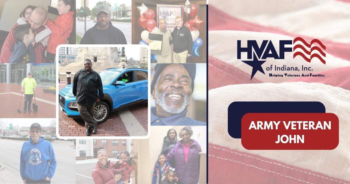 Photos of veterans and flag, behind featured photo of Army veteran John and his new car.